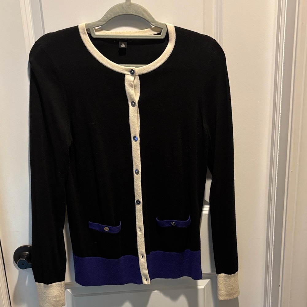 Ann Taylor Black and Blue Cardigan with Cream Trim